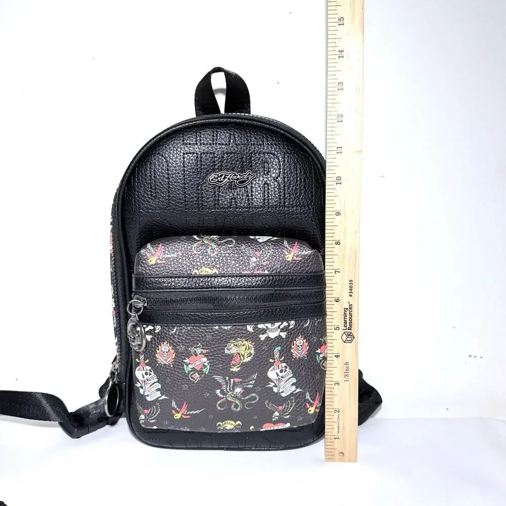 Ed Hardy Black Faux Leather Tattoo Print Mini Backpack/Sling Crossbody Bag NWT